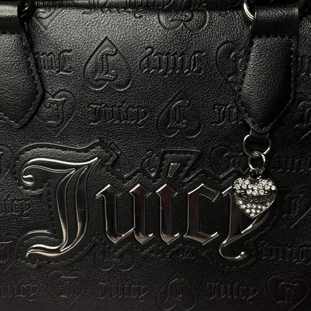 Juicy Couture Black Embossed Logo Satchel Crossbody Bag Heart Charm Purse